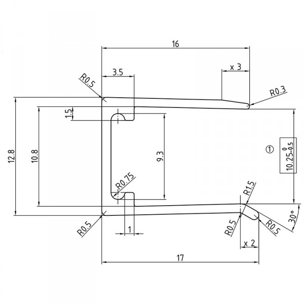 10 mm U-Profil ohne Tropfkante aus Aluminium - Zeichnung