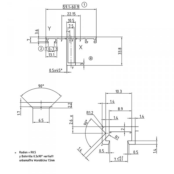 Mittelsprosse mit Schrauben und Dichtungen für 25 mm Platten mit thermischer Trennung - Zeichnung