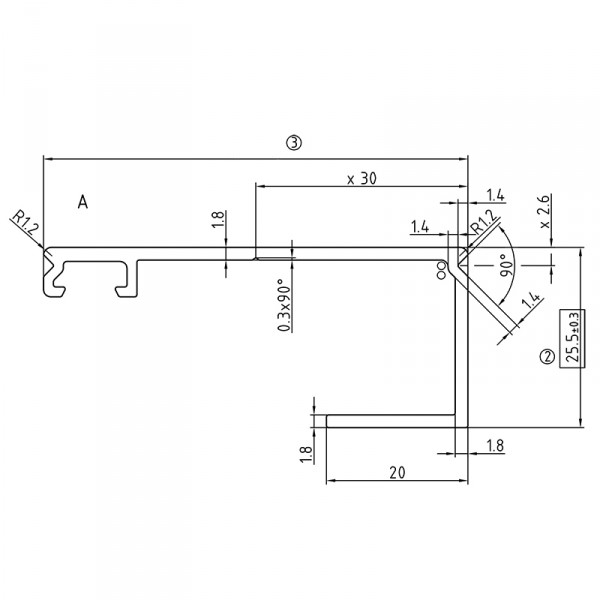 Randprofil mit Schrauben, Dichtungen und Untergummi für 16 mm Platten - Zeichnung