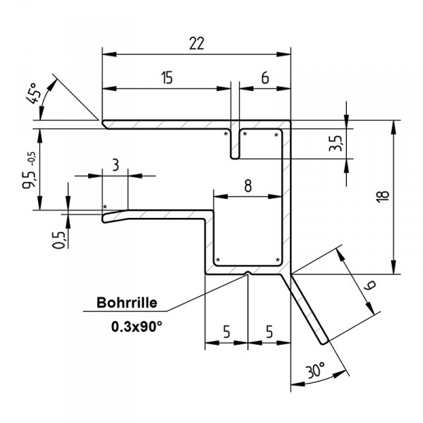 10 mm U-Profil mit Tropfkante aus Aluminium - Zeichnung