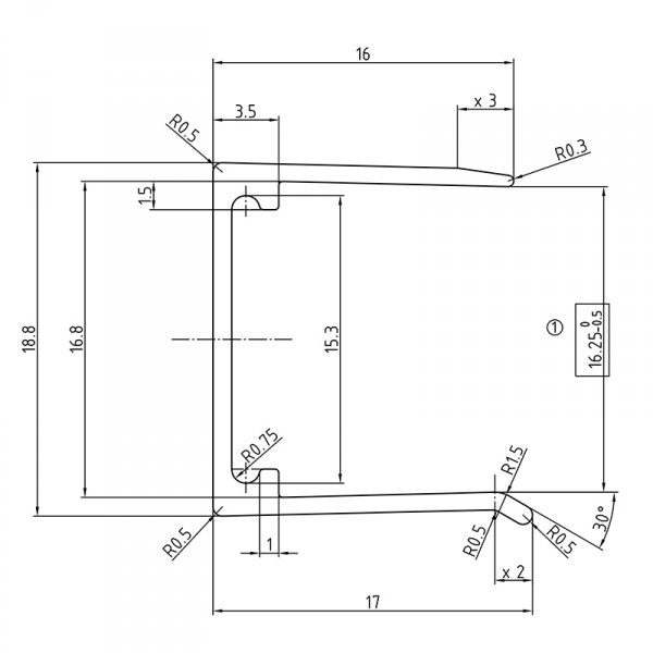 16 mm U-Profil ohne Tropfkante aus Aluminium - Zeichnung