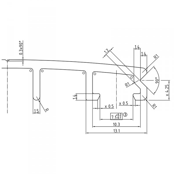 Verbindungsprofil mit Schrauben, Dichtungen und Untergummi für 10 mm Platten - Zeichnung